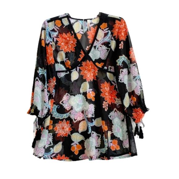 RAGA Anthropologie Blouse Tassel 3/4 Sleeve V-Neck Black Orange Floral Top Small - Picture 15 of 15